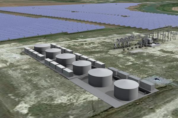 TC能源公司300英亩萨德尔布鲁克太阳能+储能项目的渲染图，该项目以洛克希德·马丁公司的GridStar®Flow储能系统为特色＂border=
